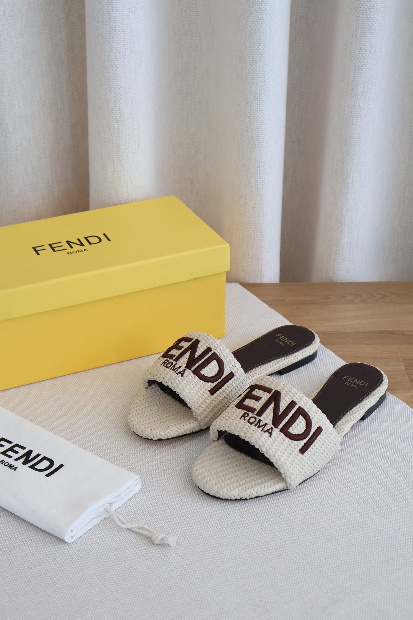 Fendi Signature Beige Cotton Fibre Slides (Whatsapp for Price & Grade)