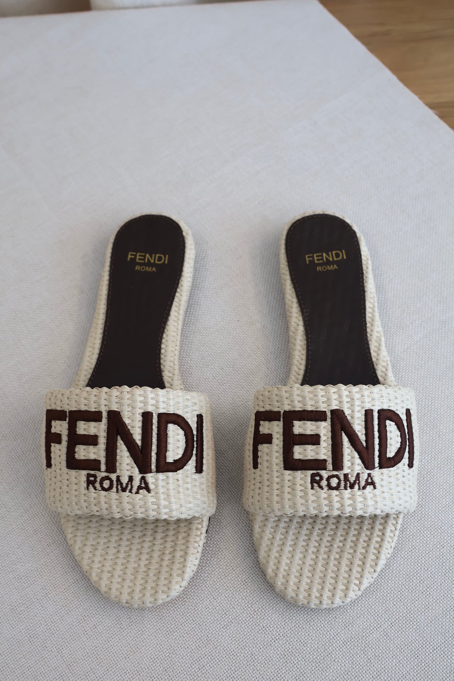 Fendi Signature Beige Cotton Fibre Slides (Whatsapp for Price & Grade)