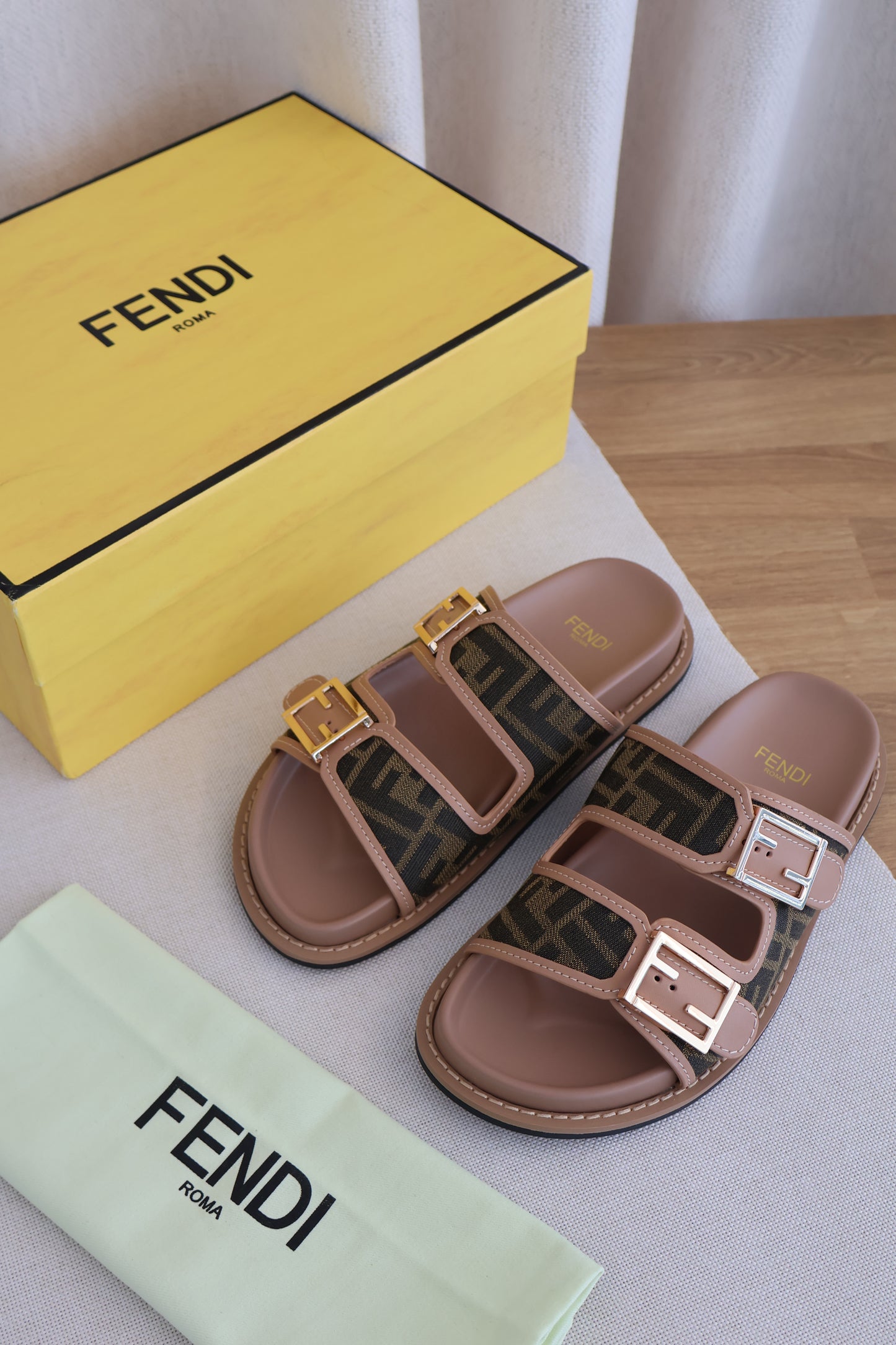 Fendi Feel Slides Brown FF Fabric Slides (Whatsapp for Price & Grade)