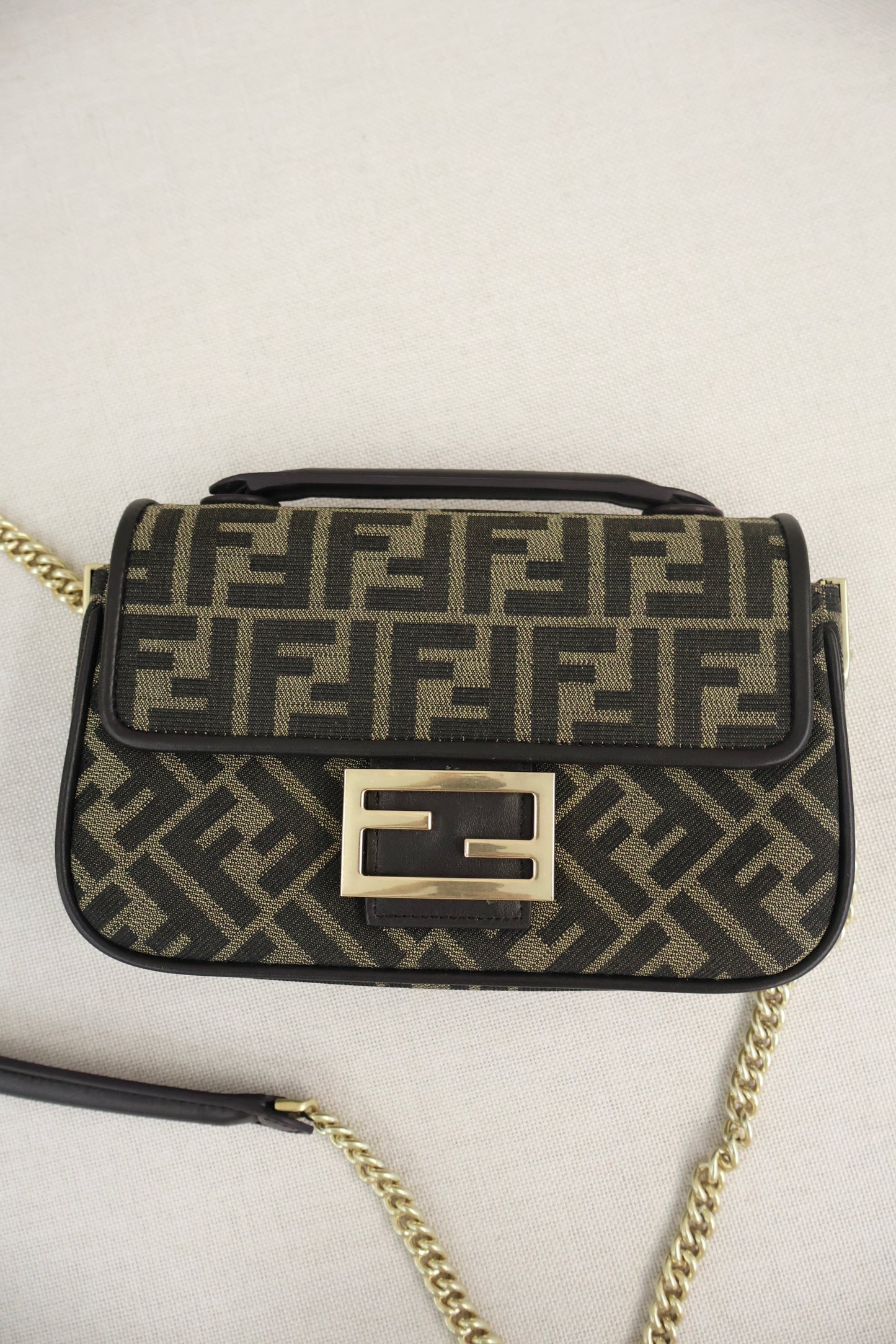 Fendi Baguette Chain Midi Brown FF Jacquard Fabric Bag (Whatsapp for Price & Grade)